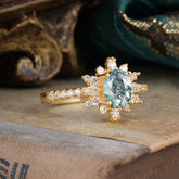 1.5 Carat Oval Cut Cluster Moss Agate Anniversary Ring Vintage Pave Braid Band